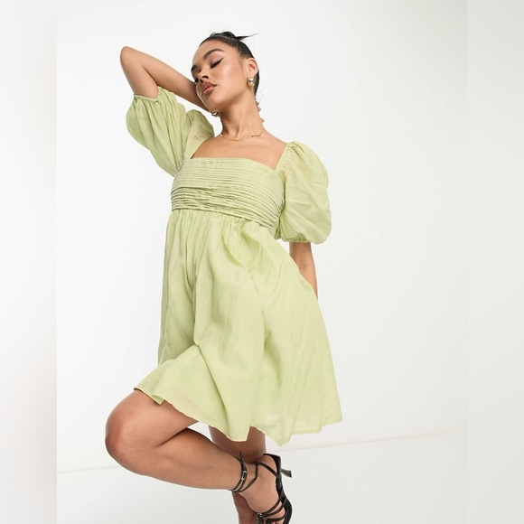 Abercrombie and Fitch Emerson Puff Sleeve Poplin Mini Dress in Light Sage Green - Picture 1 of 10